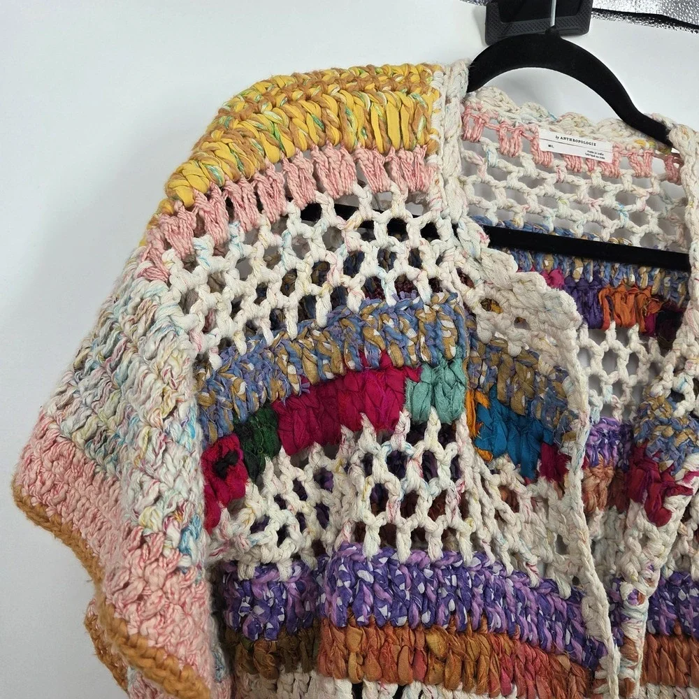 Anthropologie Cardigan Sweater Hand Knit Mia Crochet Multi Striped Crop M/L